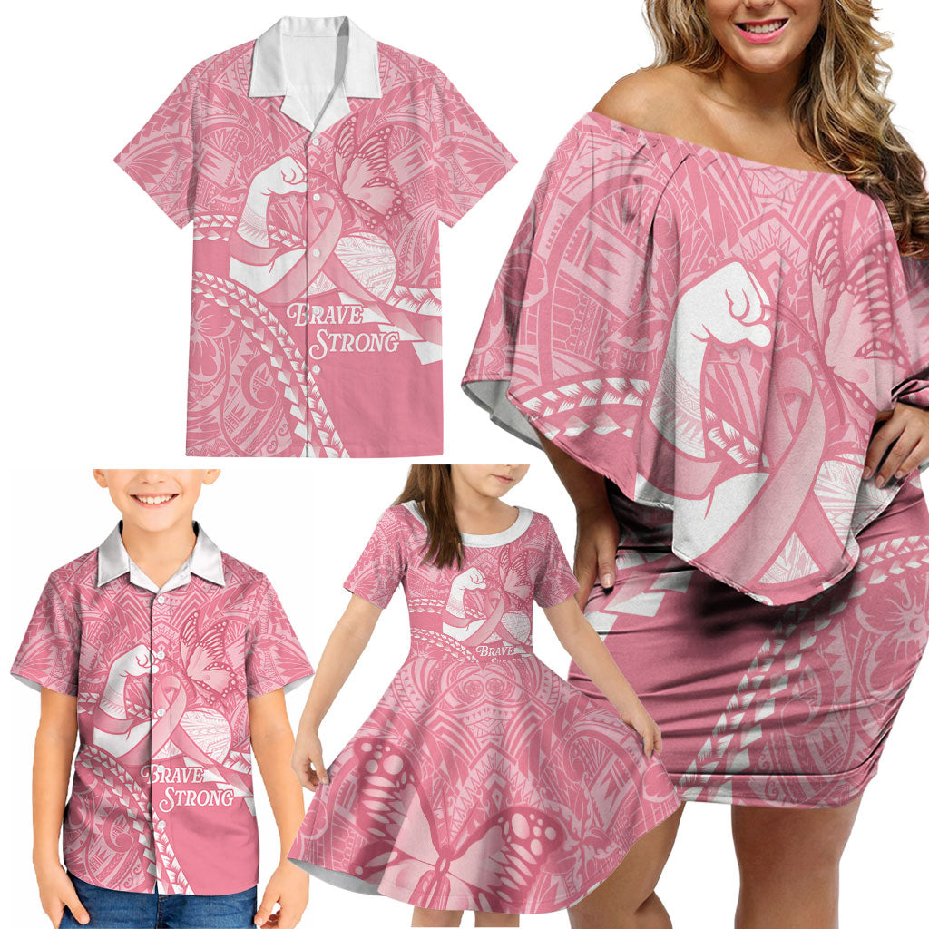 Personalised Polynesia Breast Cancer Awareness Family Matching Off Shoulder Short Dress and Hawaiian Shirt Brave Strong Butterfly Pink Ribbon
