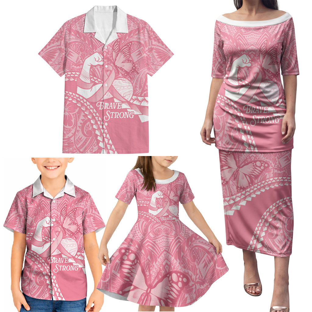 Personalised Polynesia Breast Cancer Awareness Family Matching Puletasi and Hawaiian Shirt Brave Strong Butterfly Pink Ribbon