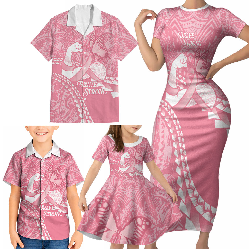 Personalised Polynesia Breast Cancer Awareness Family Matching Short Sleeve Bodycon Dress and Hawaiian Shirt Brave Strong Butterfly Pink Ribbon