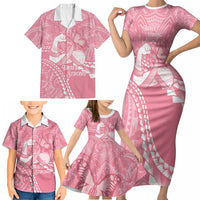 Personalised Polynesia Breast Cancer Awareness Family Matching Short Sleeve Bodycon Dress and Hawaiian Shirt Brave Strong Butterfly Pink Ribbon