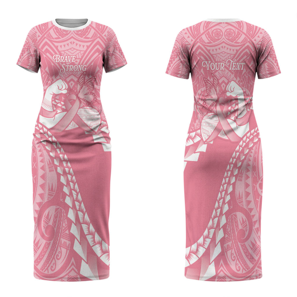 Personalised Polynesia Breast Cancer Awareness Family Matching Short Sleeve Bodycon Dress and Hawaiian Shirt Brave Strong Butterfly Pink Ribbon