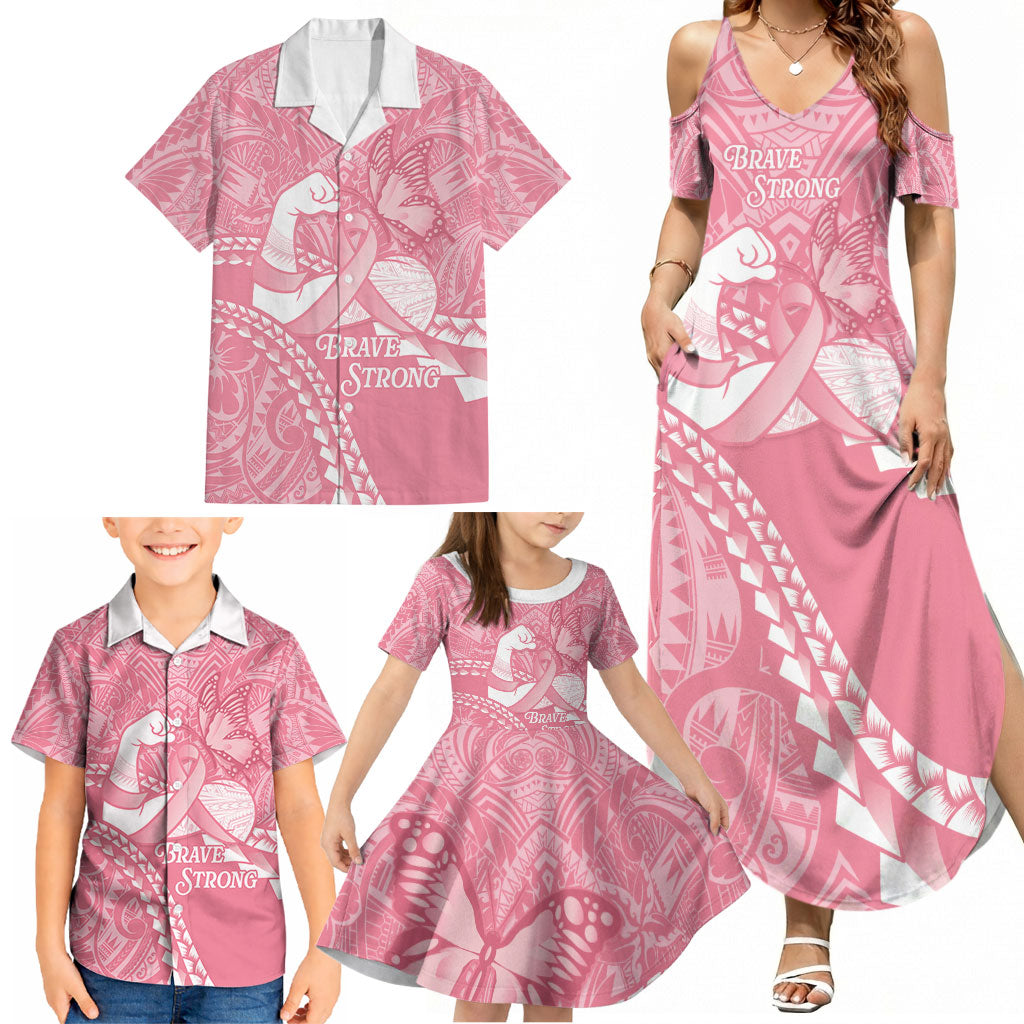 Personalised Polynesia Breast Cancer Awareness Family Matching Summer Maxi Dress and Hawaiian Shirt Brave Strong Butterfly Pink Ribbon
