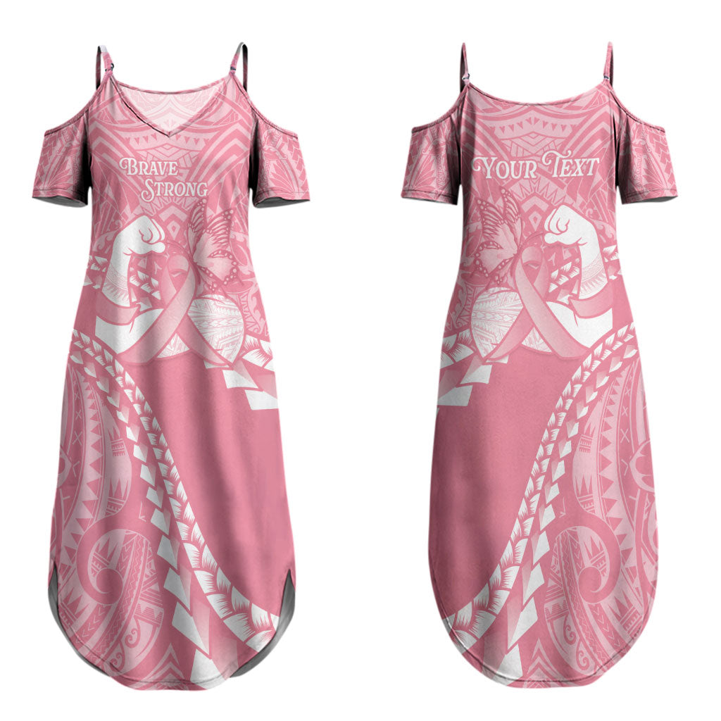 Personalised Polynesia Breast Cancer Awareness Family Matching Summer Maxi Dress and Hawaiian Shirt Brave Strong Butterfly Pink Ribbon