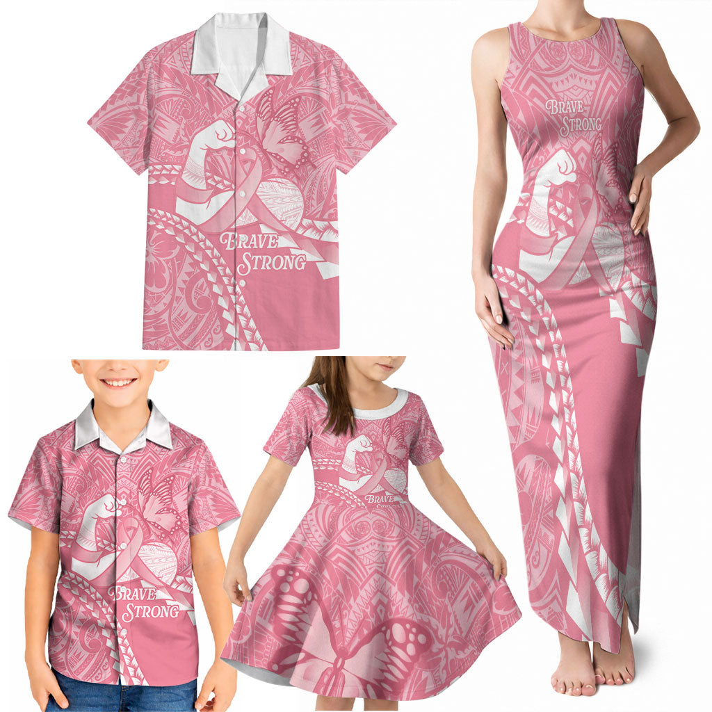 Personalised Polynesia Breast Cancer Awareness Family Matching Tank Maxi Dress and Hawaiian Shirt Brave Strong Butterfly Pink Ribbon