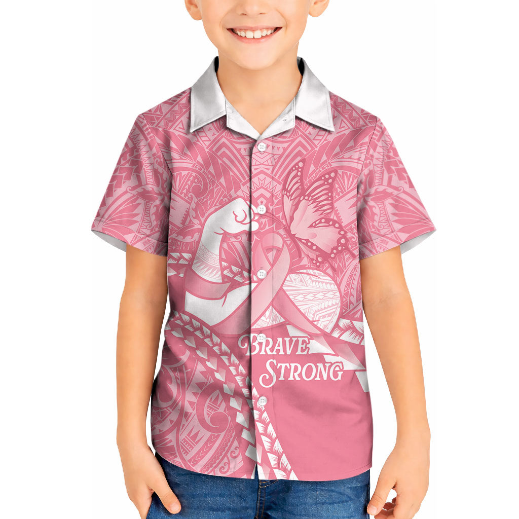 Personalised Polynesia Breast Cancer Awareness Kid Hawaiian Shirt Brave Strong Butterfly Pink Ribbon