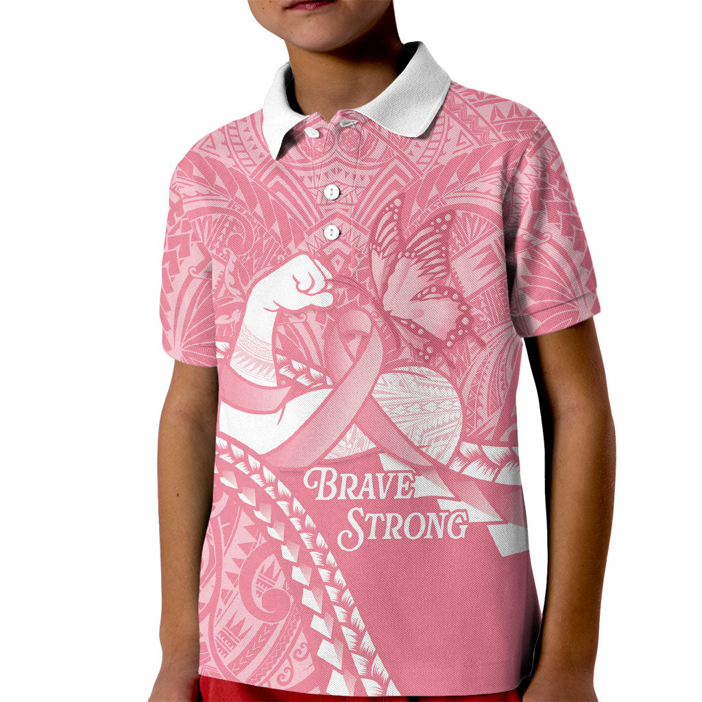 Personalised Polynesia Breast Cancer Awareness Kid Polo Shirt Brave Strong Butterfly Pink Ribbon