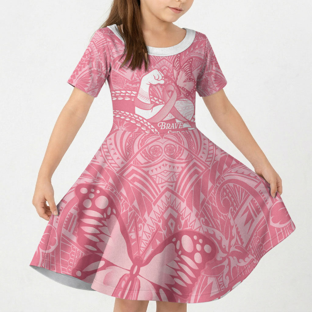 Personalised Polynesia Breast Cancer Awareness Kid Short Sleeve Dress Brave Strong Butterfly Pink Ribbon