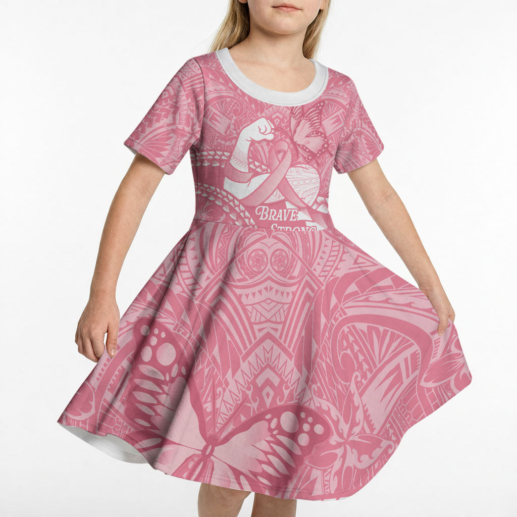 Personalised Polynesia Breast Cancer Awareness Kid Short Sleeve Dress Brave Strong Butterfly Pink Ribbon