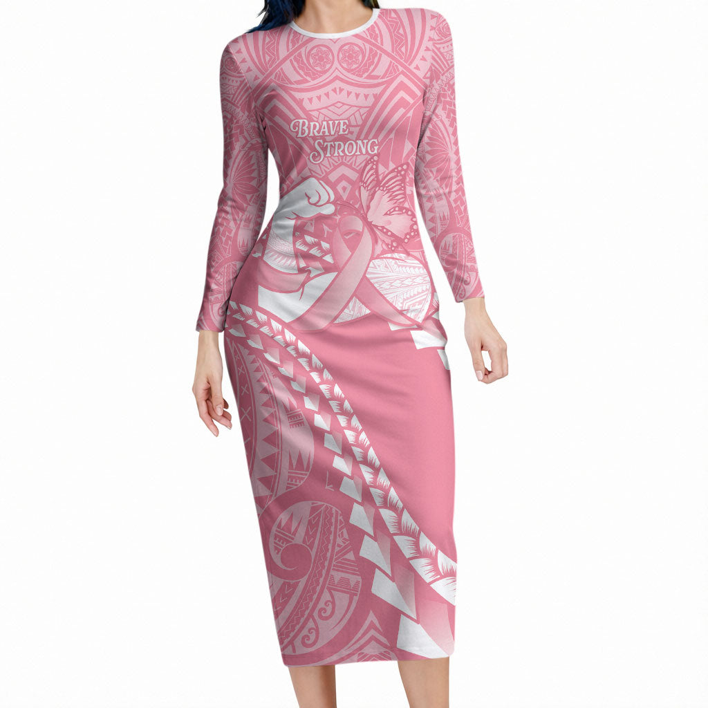 Personalised Polynesia Breast Cancer Awareness Long Sleeve Bodycon Dress Brave Strong Butterfly Pink Ribbon