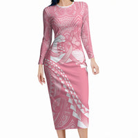 Personalised Polynesia Breast Cancer Awareness Long Sleeve Bodycon Dress Brave Strong Butterfly Pink Ribbon