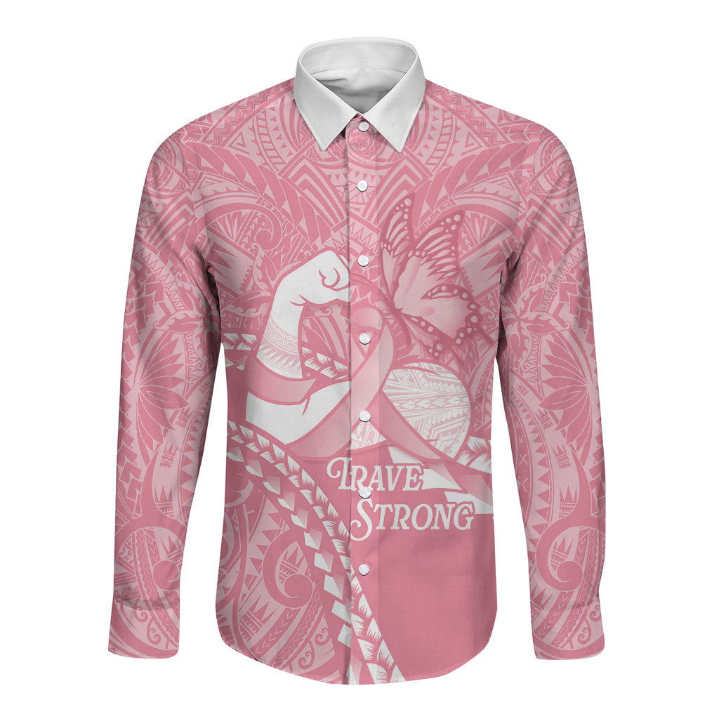 Personalised Polynesia Breast Cancer Awareness Long Sleeve Button Shirt Brave Strong Butterfly Pink Ribbon
