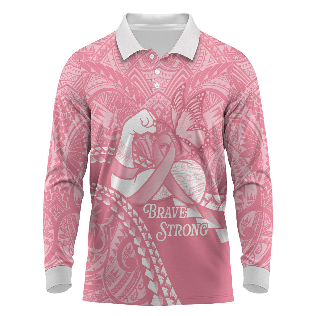 Personalised Polynesia Breast Cancer Awareness Long Sleeve Polo Shirt Brave Strong Butterfly Pink Ribbon