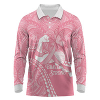 Personalised Polynesia Breast Cancer Awareness Long Sleeve Polo Shirt Brave Strong Butterfly Pink Ribbon