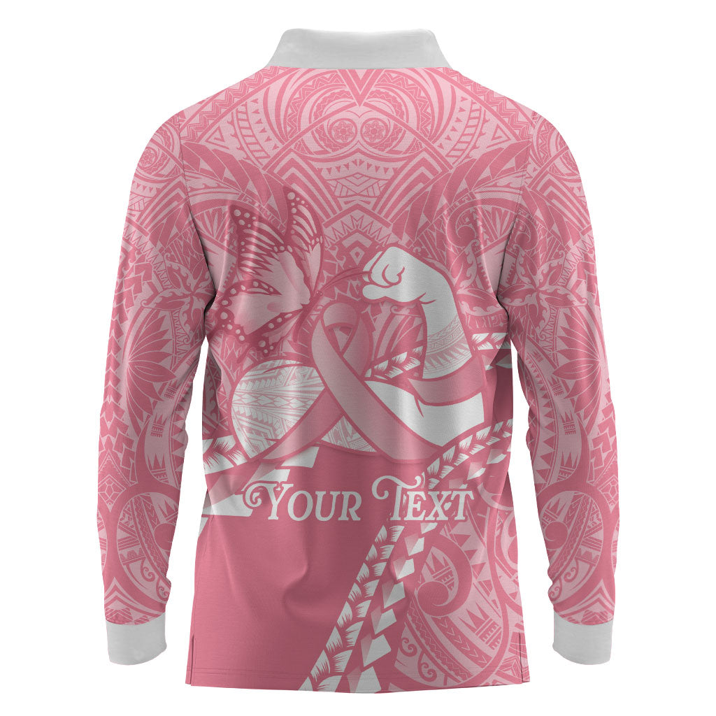 Personalised Polynesia Breast Cancer Awareness Long Sleeve Polo Shirt Brave Strong Butterfly Pink Ribbon