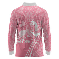 Personalised Polynesia Breast Cancer Awareness Long Sleeve Polo Shirt Brave Strong Butterfly Pink Ribbon