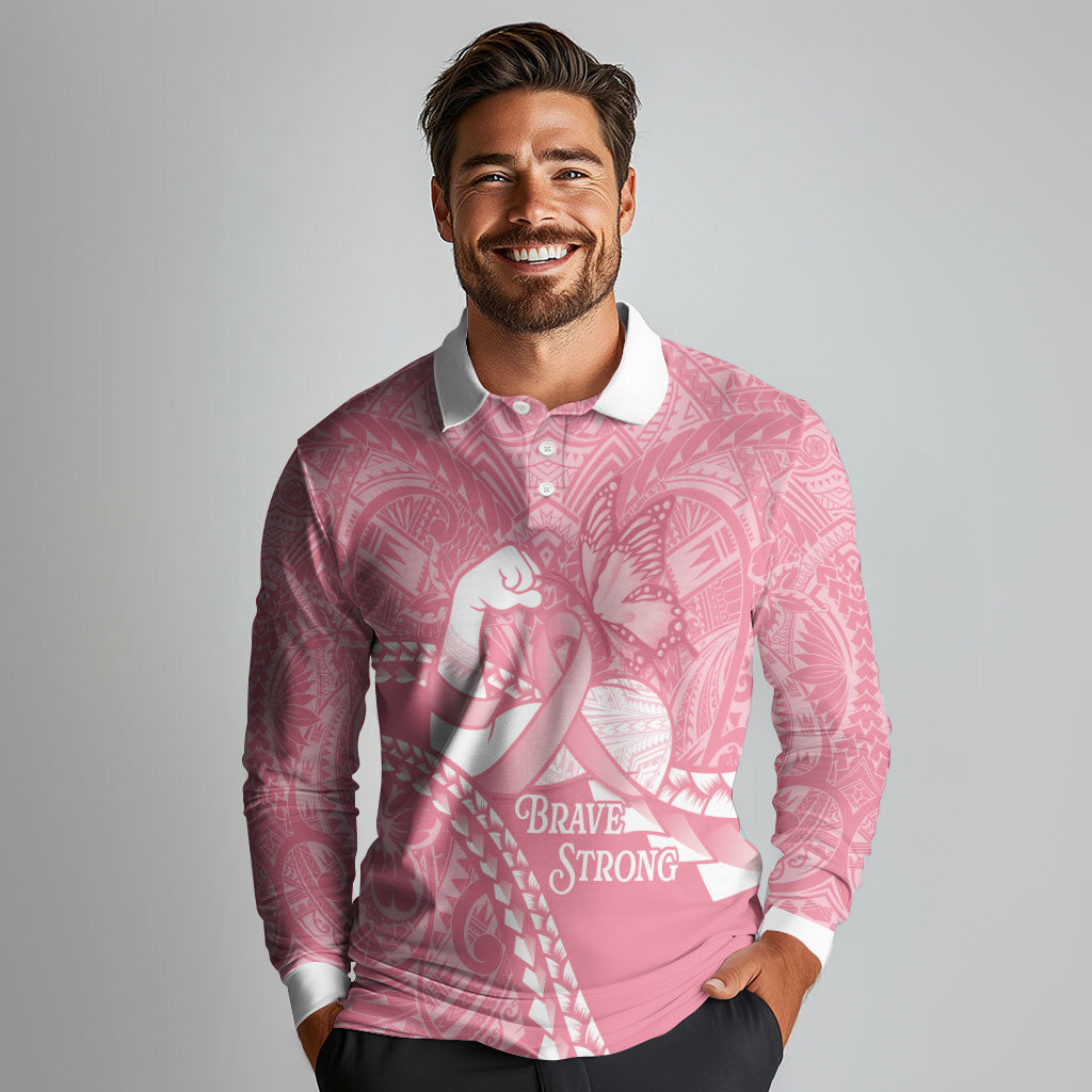 Personalised Polynesia Breast Cancer Awareness Long Sleeve Polo Shirt Brave Strong Butterfly Pink Ribbon