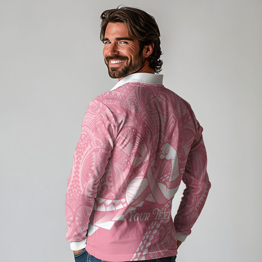 Personalised Polynesia Breast Cancer Awareness Long Sleeve Polo Shirt Brave Strong Butterfly Pink Ribbon