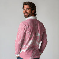 Personalised Polynesia Breast Cancer Awareness Long Sleeve Polo Shirt Brave Strong Butterfly Pink Ribbon