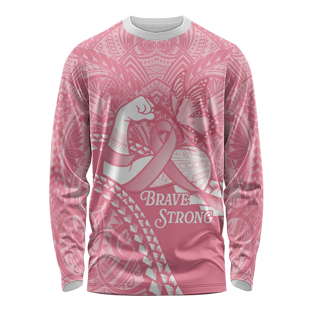 Personalised Polynesia Breast Cancer Awareness Long Sleeve Shirt Brave Strong Butterfly Pink Ribbon