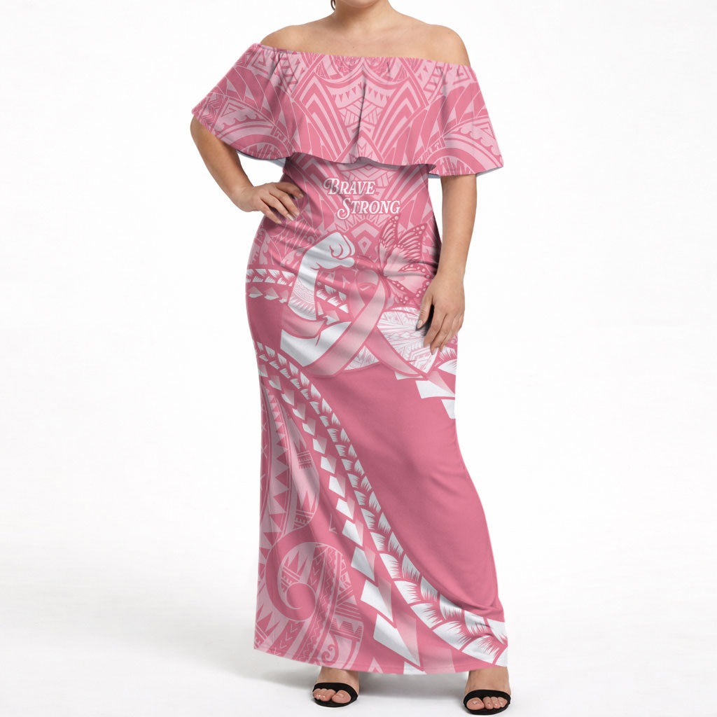 Personalised Polynesia Breast Cancer Awareness Off Shoulder Maxi Dress Brave Strong Butterfly Pink Ribbon