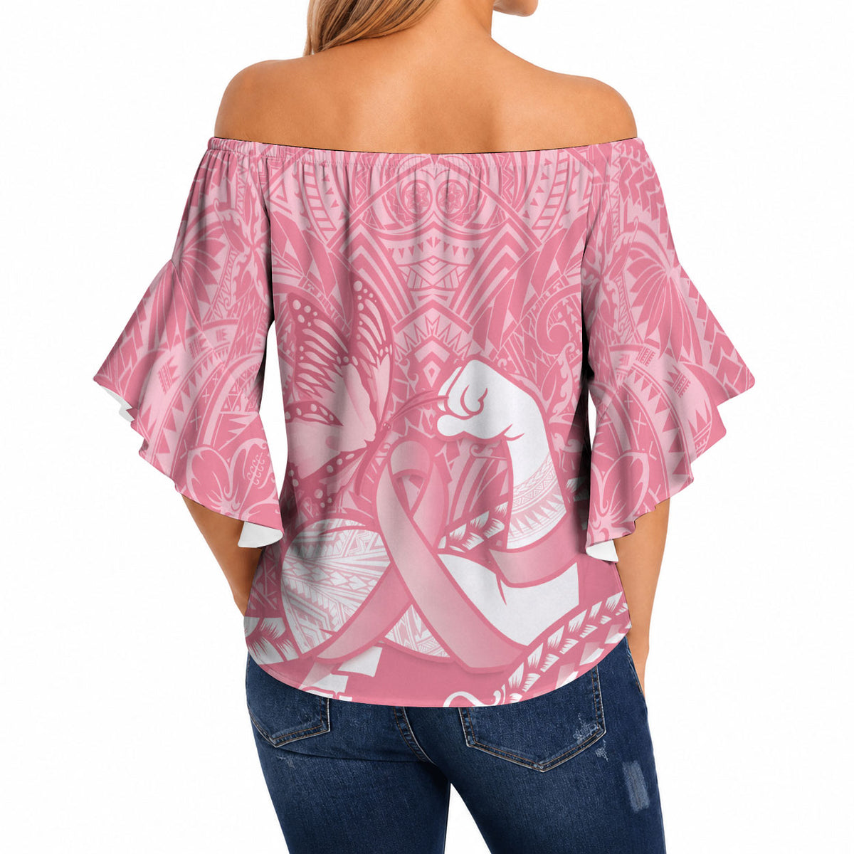 Personalised Polynesia Breast Cancer Awareness Off Shoulder Wrap Waist Top Brave Strong Butterfly Pink Ribbon