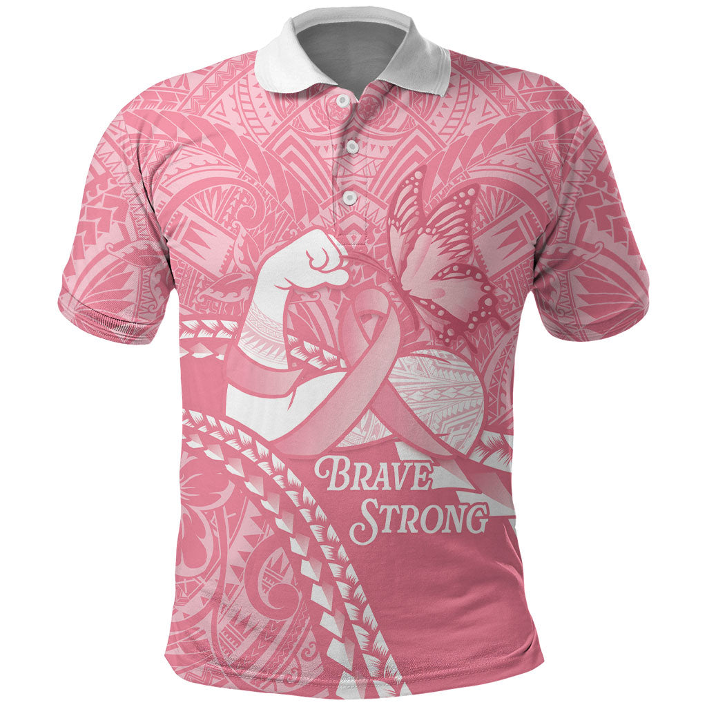 Personalised Polynesia Breast Cancer Awareness Polo Shirt Brave Strong Butterfly Pink Ribbon