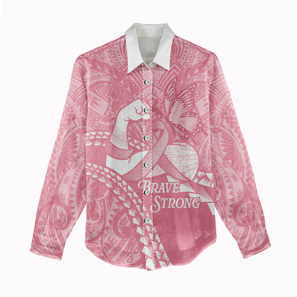 Personalised Polynesia Breast Cancer Awareness Women Casual Shirt Brave Strong Butterfly Pink Ribbon