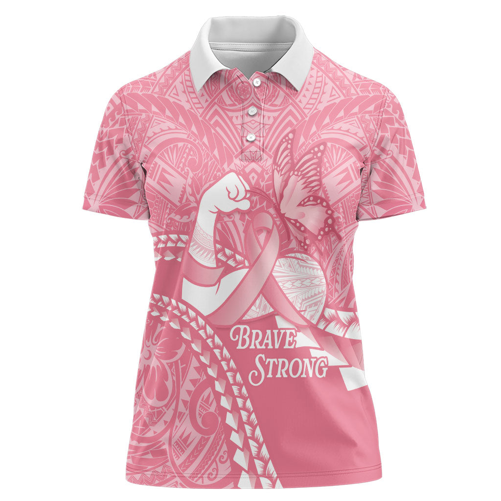 Personalised Polynesia Breast Cancer Awareness Women Polo Shirt Brave Strong Butterfly Pink Ribbon