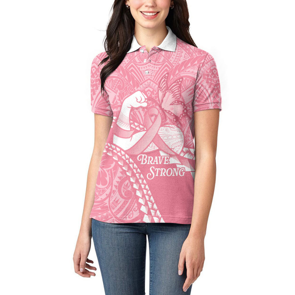 Personalised Polynesia Breast Cancer Awareness Women Polo Shirt Brave Strong Butterfly Pink Ribbon