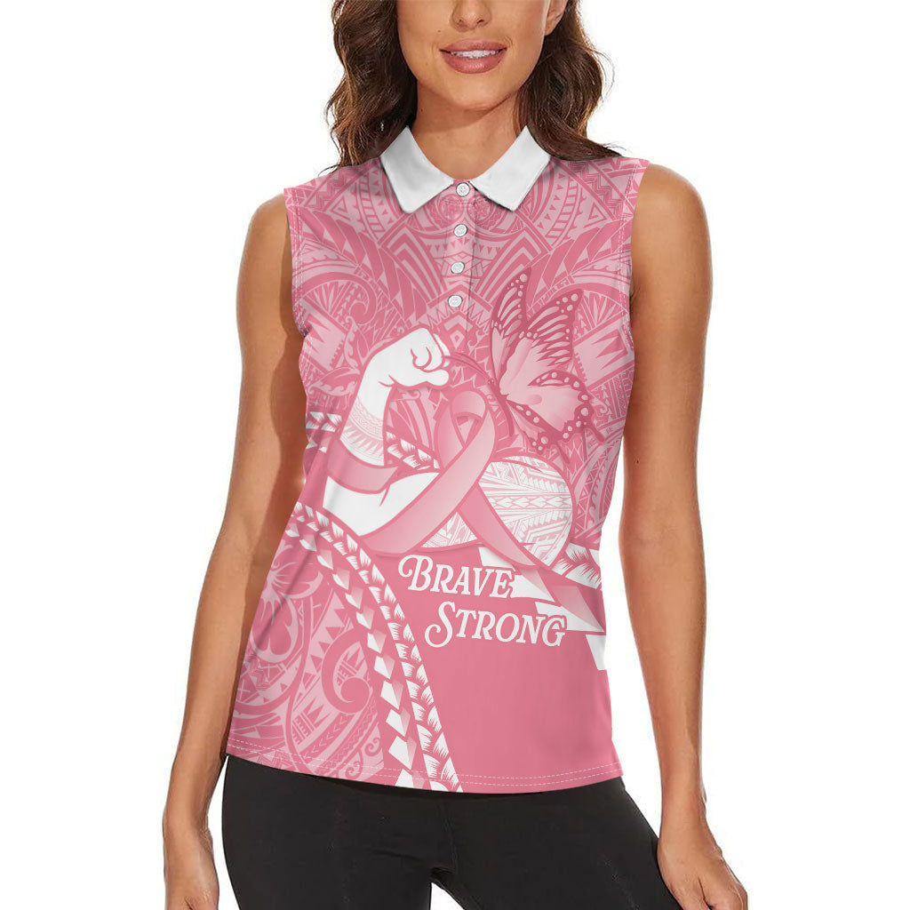 Personalised Polynesia Breast Cancer Awareness Women Sleeveless Polo Shirt Brave Strong Butterfly Pink Ribbon