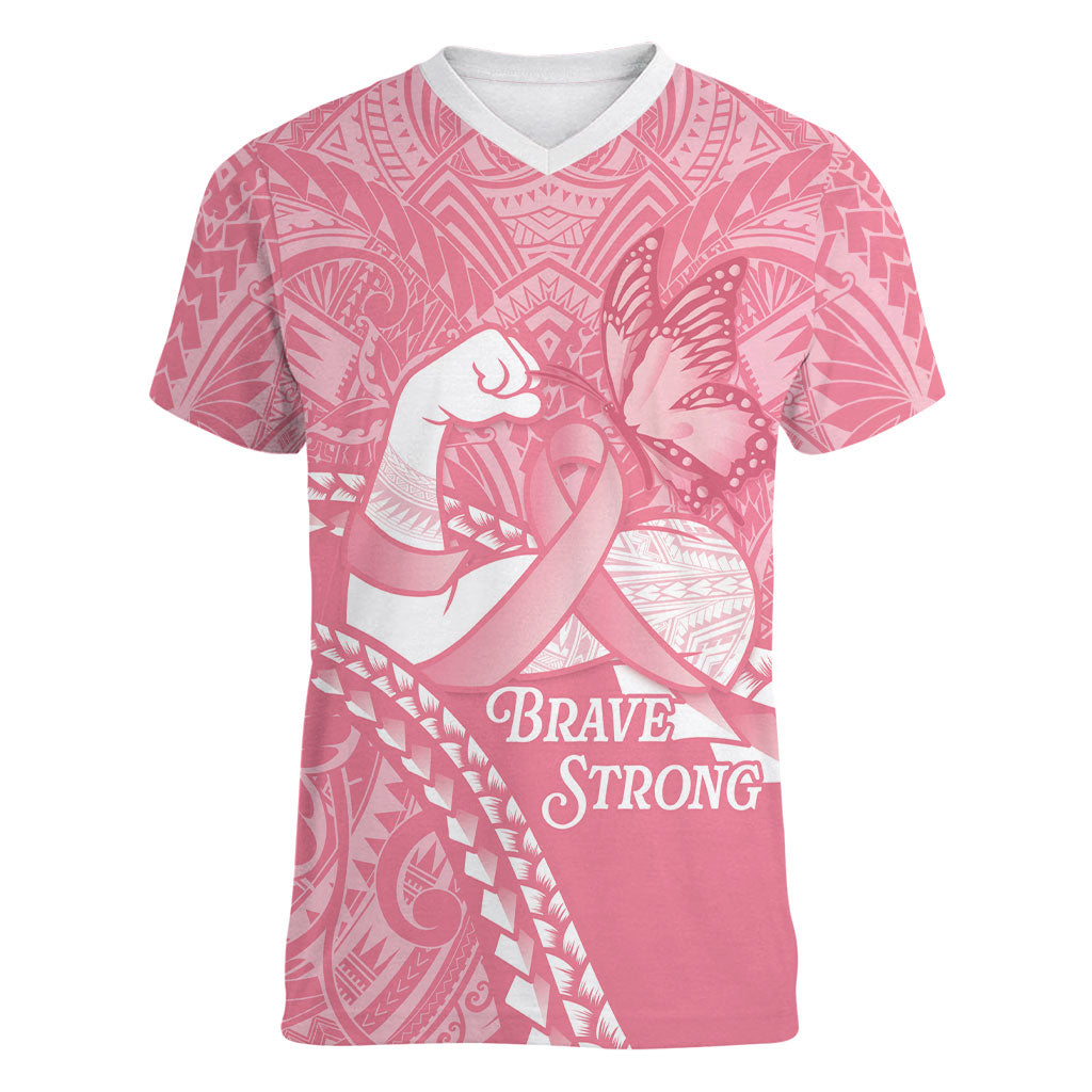 Personalised Polynesia Breast Cancer Awareness Women V-Neck T-Shirt Brave Strong Butterfly Pink Ribbon