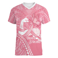 Personalised Polynesia Breast Cancer Awareness Women V-Neck T-Shirt Brave Strong Butterfly Pink Ribbon
