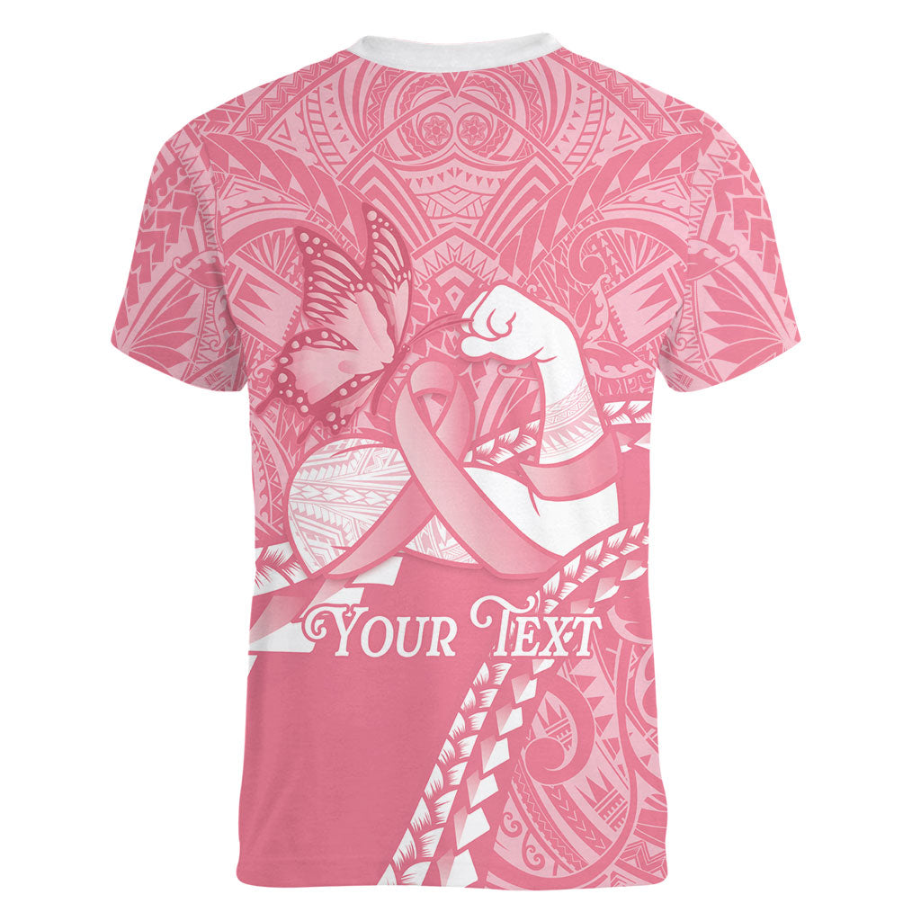 Personalised Polynesia Breast Cancer Awareness Women V-Neck T-Shirt Brave Strong Butterfly Pink Ribbon