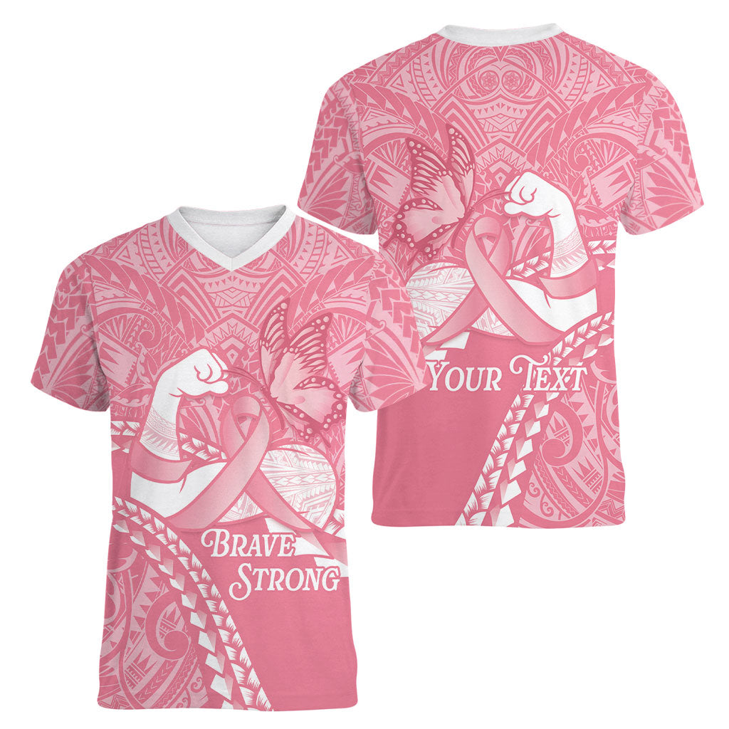 Personalised Polynesia Breast Cancer Awareness Women V-Neck T-Shirt Brave Strong Butterfly Pink Ribbon
