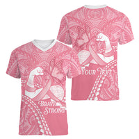 Personalised Polynesia Breast Cancer Awareness Women V-Neck T-Shirt Brave Strong Butterfly Pink Ribbon