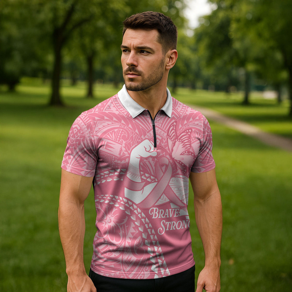 Personalised Polynesia Breast Cancer Awareness Zipper Polo Shirt Brave Strong Butterfly Pink Ribbon