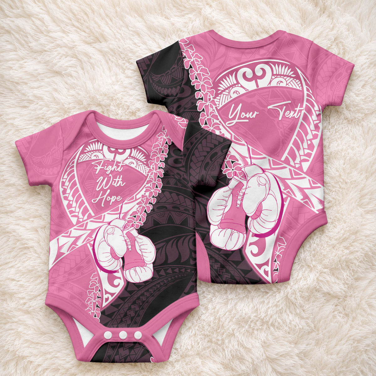 Personalised Polynesia Breast Cancer Awareness Baby Onesie Fight With Hope Pink Ribbon Boxing Gloves