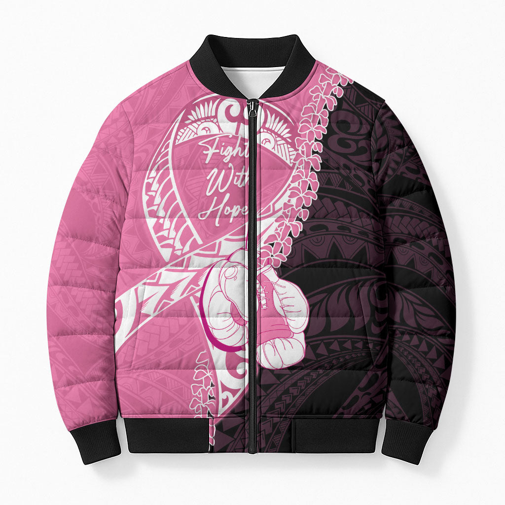Personalised Polynesia Breast Cancer Awareness Bomber Puffer Jacket Fight With Hope Pink Ribbon Boxing Gloves