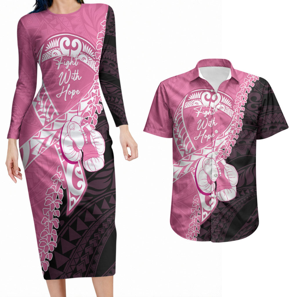 Personalised Polynesia Breast Cancer Awareness Couples Matching Long Sleeve Bodycon Dress and Hawaiian Shirt Fight With Hope Pink Ribbon Boxing Gloves