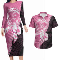Personalised Polynesia Breast Cancer Awareness Couples Matching Long Sleeve Bodycon Dress and Hawaiian Shirt Fight With Hope Pink Ribbon Boxing Gloves
