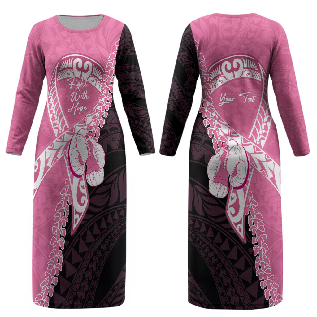 Personalised Polynesia Breast Cancer Awareness Couples Matching Long Sleeve Bodycon Dress and Hawaiian Shirt Fight With Hope Pink Ribbon Boxing Gloves