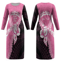 Personalised Polynesia Breast Cancer Awareness Couples Matching Long Sleeve Bodycon Dress and Hawaiian Shirt Fight With Hope Pink Ribbon Boxing Gloves