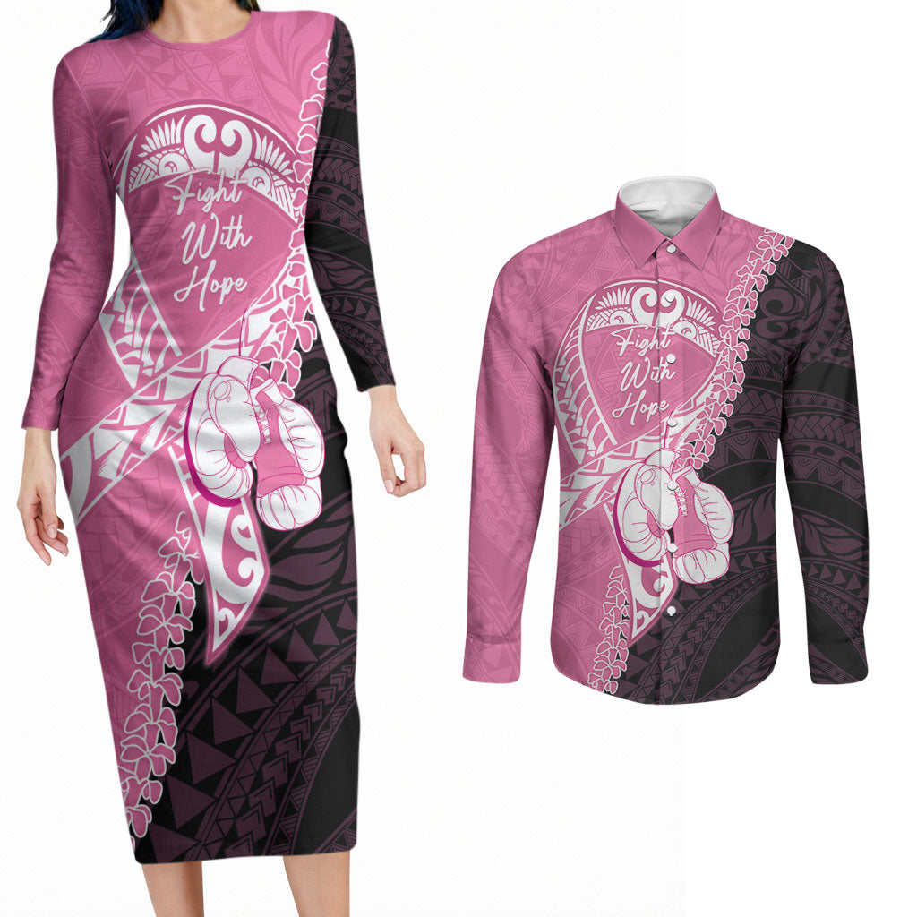 Personalised Polynesia Breast Cancer Awareness Couples Matching Long Sleeve Bodycon Dress and Long Sleeve Button Shirt Fight With Hope Pink Ribbon Boxing Gloves