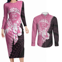 Personalised Polynesia Breast Cancer Awareness Couples Matching Long Sleeve Bodycon Dress and Long Sleeve Button Shirt Fight With Hope Pink Ribbon Boxing Gloves