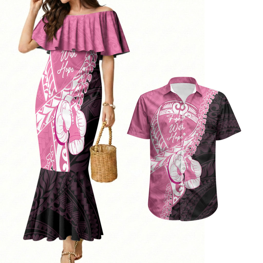 Personalised Polynesia Breast Cancer Awareness Couples Matching Mermaid Dress and Hawaiian Shirt Fight With Hope Pink Ribbon Boxing Gloves