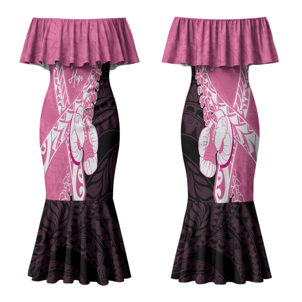 Personalised Polynesia Breast Cancer Awareness Couples Matching Mermaid Dress and Hawaiian Shirt Fight With Hope Pink Ribbon Boxing Gloves