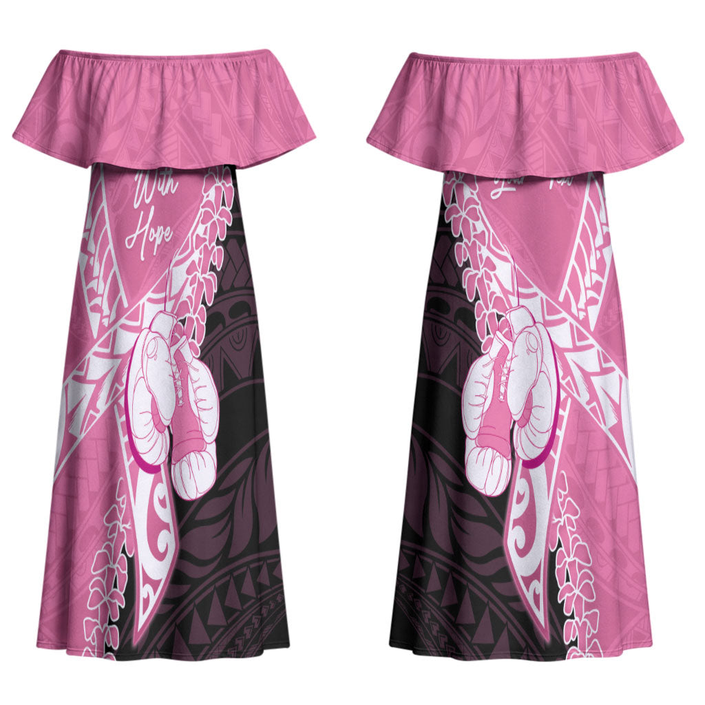 Personalised Polynesia Breast Cancer Awareness Couples Matching Off Shoulder Maxi Dress and Hawaiian Shirt Fight With Hope Pink Ribbon Boxing Gloves