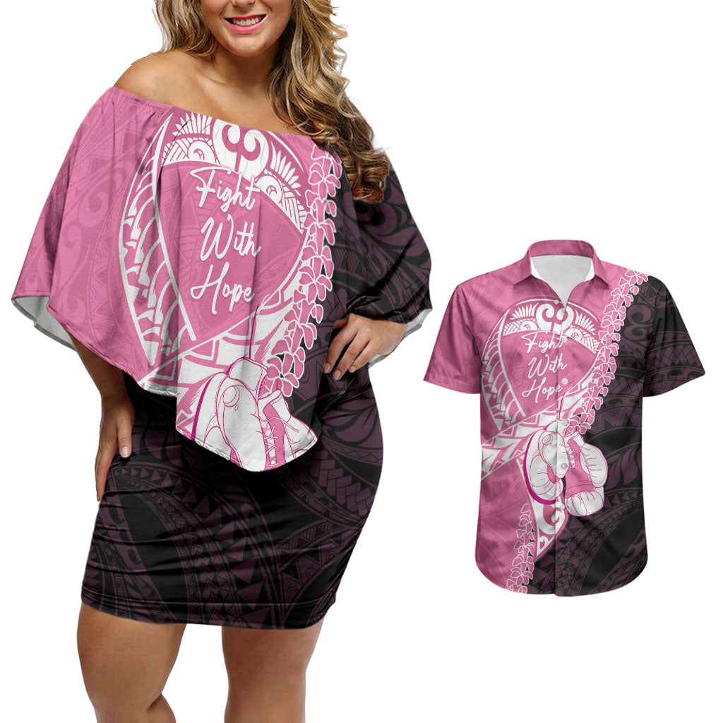 Personalised Polynesia Breast Cancer Awareness Couples Matching Off Shoulder Short Dress and Hawaiian Shirt Fight With Hope Pink Ribbon Boxing Gloves