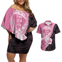 Personalised Polynesia Breast Cancer Awareness Couples Matching Off Shoulder Short Dress and Hawaiian Shirt Fight With Hope Pink Ribbon Boxing Gloves