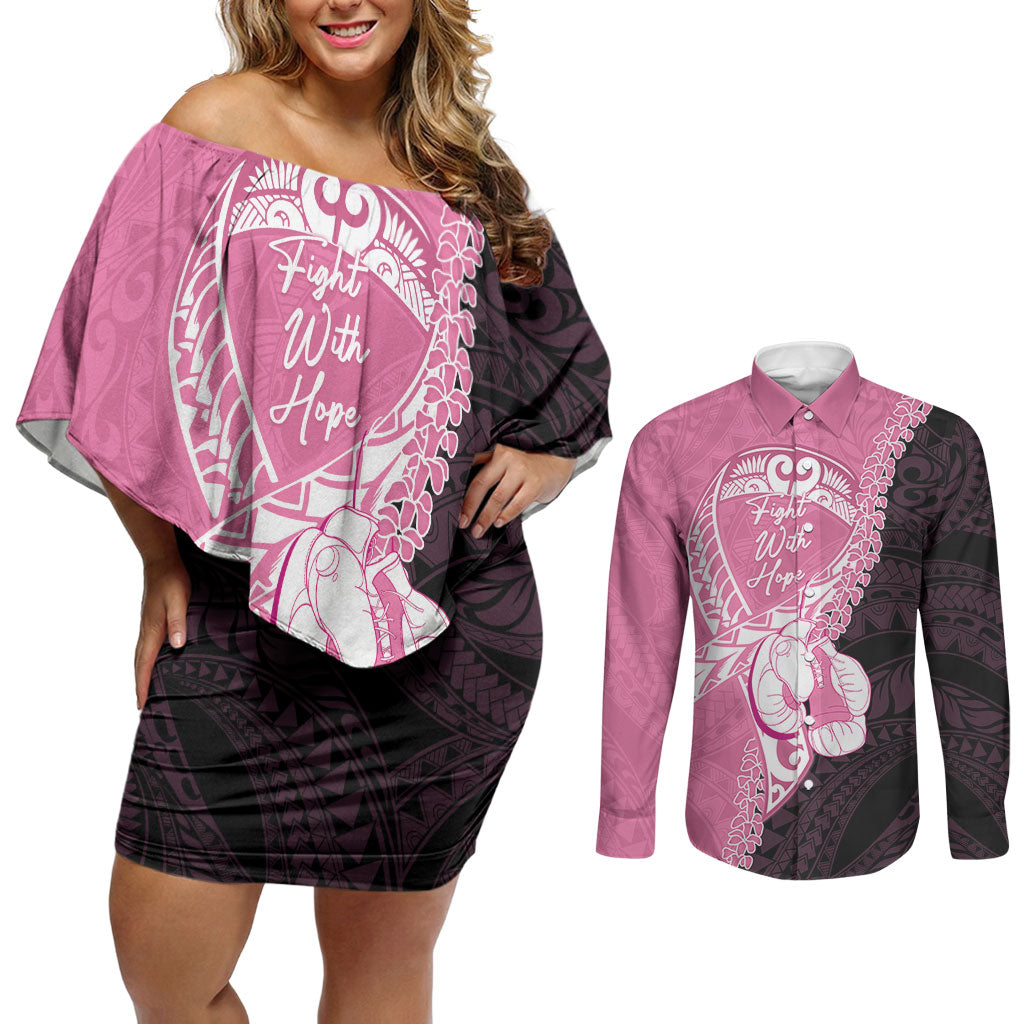 Personalised Polynesia Breast Cancer Awareness Couples Matching Off Shoulder Short Dress and Long Sleeve Button Shirt Fight With Hope Pink Ribbon Boxing Gloves